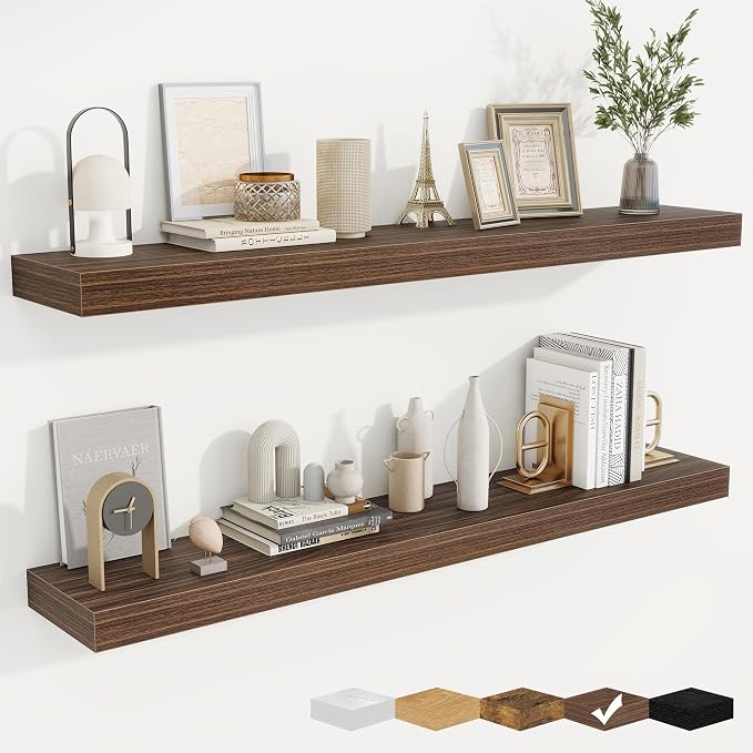 Floating Shelves for Wall, Wall Mounted Wood Shelves, Walnut, Set of 2, 48” | Wood Floating Shelf with Invisible Brackets for Living Room, Bathroom, Bedroom, Kitchen, Hanging Shelf for Storage and Decor