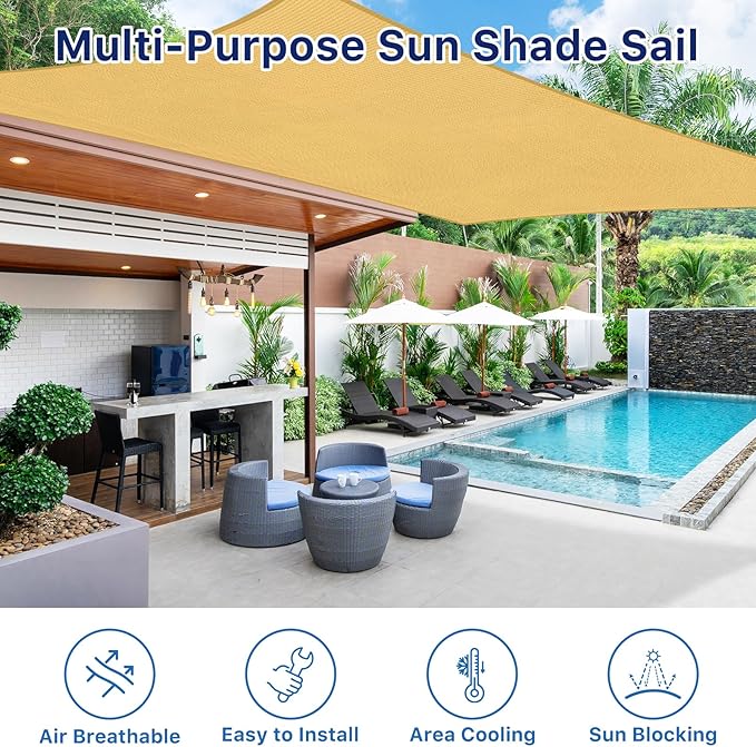 RoomHacks 12'x12' Sun Shade Sail, UV Protection Outdoor Shade, Curved Tear Resistant Heavy Duty Sun Shade for Patio Garden, Backyard, Deck, Car Port, Playground, (Sand)