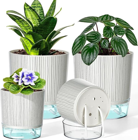 4 Pack Self Watering Pots Set, 4+5.5 Inch Self Watering Pots for Indoor Plants, Planter Pot with Wick Rope and Reservoir for African Violet, Spider Plant, Orchid