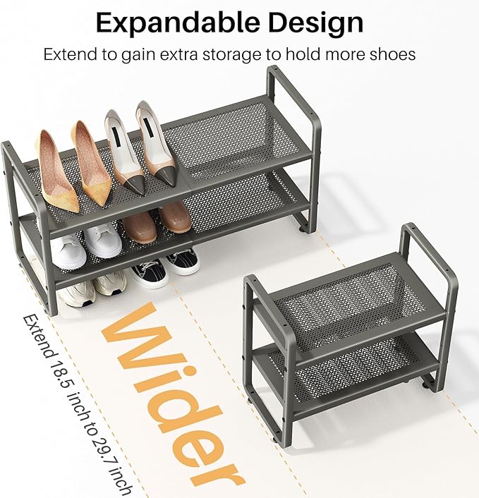 SNTD Expandable Metal Shoe Rack for Closet, Entryway & Garage, 2-Tier, Grey