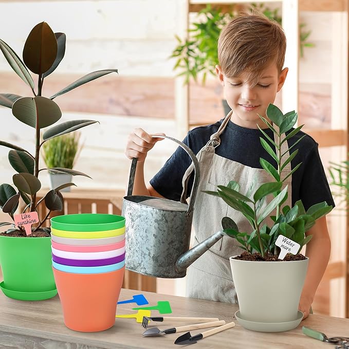 Hahood 36 Pack 5.5 Inch Plastic Plant Pots with Saucers Colorful Flower Plant Container Seed Starting Pots Thickened Seedlings Nursery Pots for Home Garden Indoor Outdoor Flowers, 9 Colors