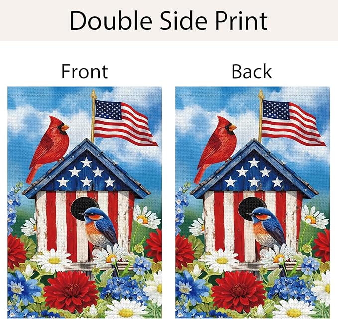 Patriotic 4th of July Garden Flag 12×18 Inch Double Sided Outside, Cardinal Birdhouse Flower Memorial Day Independence Day Burlap Yard Flag Holiday Outdoor Decor