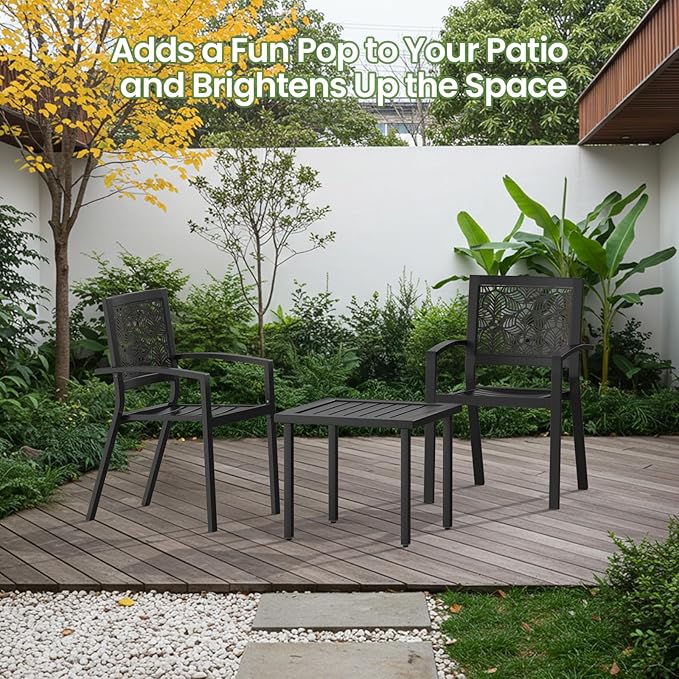 BUPPLEE 3 Piece Patio Bistro Set, Outdoor Steel Furniture Set, Stackable Modern Conversation Sets for Balcony Garden Deck Patio w/2 Chairs 1 Table, Black