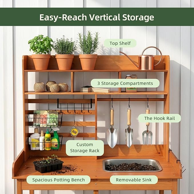OOOK Potting Bench, Nordic Scots Pine Potting Table with Sliding Tabletop, Removable Sink, Workstation for Outside Patio Lawn, Wooden Garden Work Station