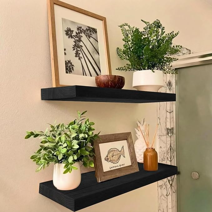 IAE Floating Wall Shelves 16 inch,Bathroom Shelving Wall Mounted,Black | Invisible Shelf Floating Kitchen Shelves, Wooden wall Shelf with Brackets for Living Room wall Mounted,Easy Install,Set of 2