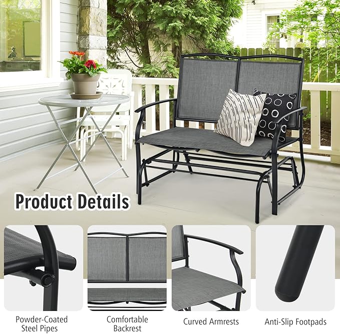 Tangkula 2-Person Patio Glider Bench, Outdoor Rocker Glider Loveseat Chair W/Heavy-Duty Steel Frame, Breathable Seat Fabric, Rocking Lounge Chair for Poolside, Garden, Backyard (Grey)