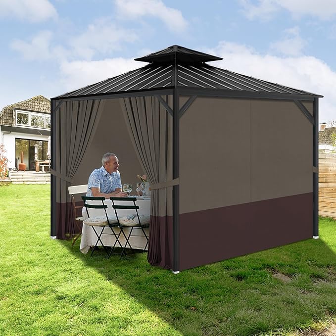 Gazebo Privacy Curtains 10' x 10' with Zipper 4-Panels Side Wall Universal Replacement for Patio, Outdoor Canopy, Garden and Backyard Khaki and Brown (Curtain Only)