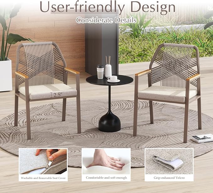 Aluminum Outdoor Patio Dining Chairs - Imitation Rope Vine Chair Ergonomic Backrest Design Detachable Seat Cushion Soft and Breathable Garden Porch Light Brown Set of 6