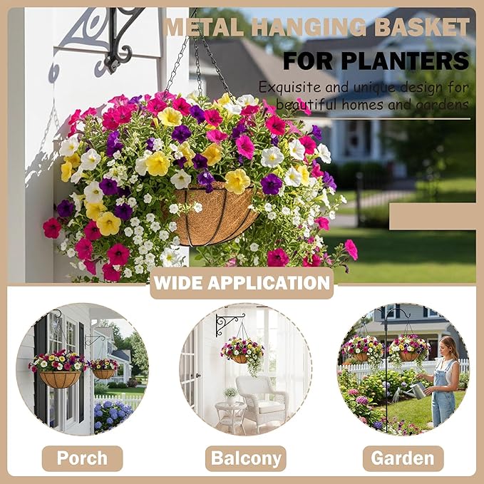 4 Pack 12 inch Hanging Baskets Planter for Plants Vegetables Flowers Outdoor Black Round Wire Plant Holder with Coco Fiber Liners Garden Balcony Patio Deck Porch Indoor Hanging Baskets