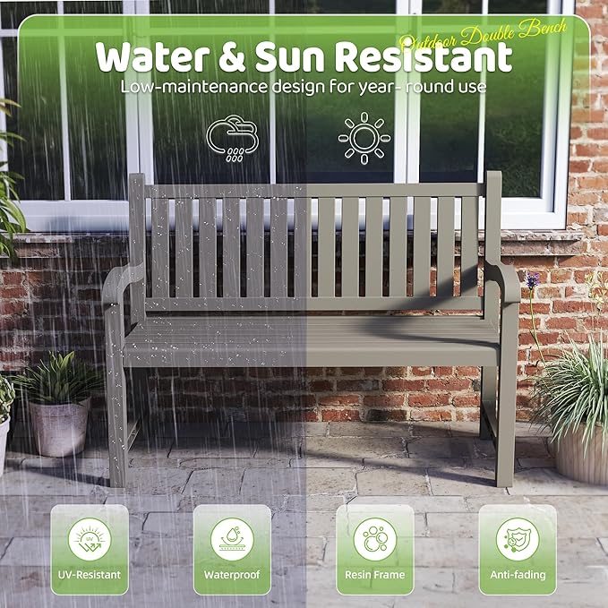 PatioZen Outdoor Bench, Waterproof & Weatherproof Garden Bench with Ergonomic Design, 2-Person Resin Bench for Porch, Deck, Patio, Outdoor, Garden & Park(Grey)