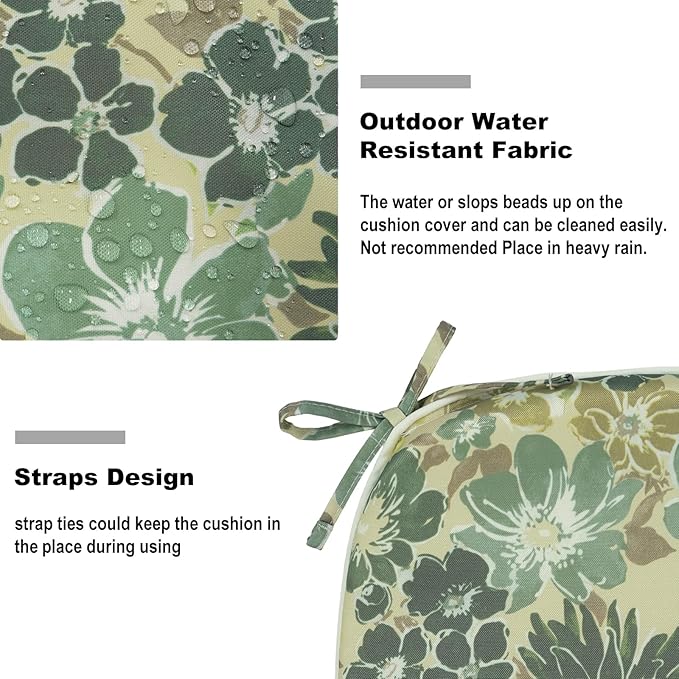 DYTXIII Set of 2 Outdoor Chair Cushions with Ties, Water Repellent Patio Chair Pads 17"x 16" for Outdoor Furniture, Round Corner Seat Cushions for Garden Yard Kitchen Green Rose