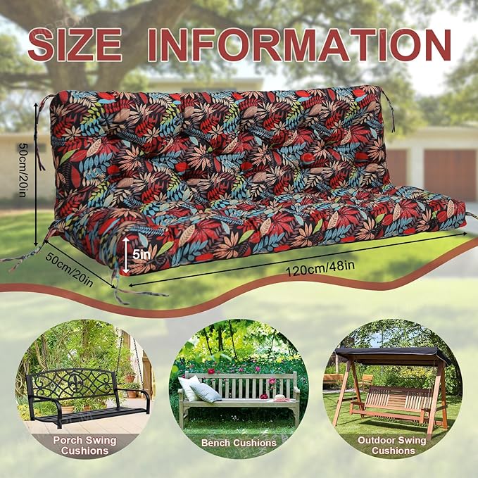 Premium 5" Thick Waterproof Outdoor Swing Cushions Sturdy Durable 2-3 Seat Replacement Porch Swing Cushions with Backrest&Ties Bench Cushion for Outdoor Furniture Backyard Patio (Flower01)
