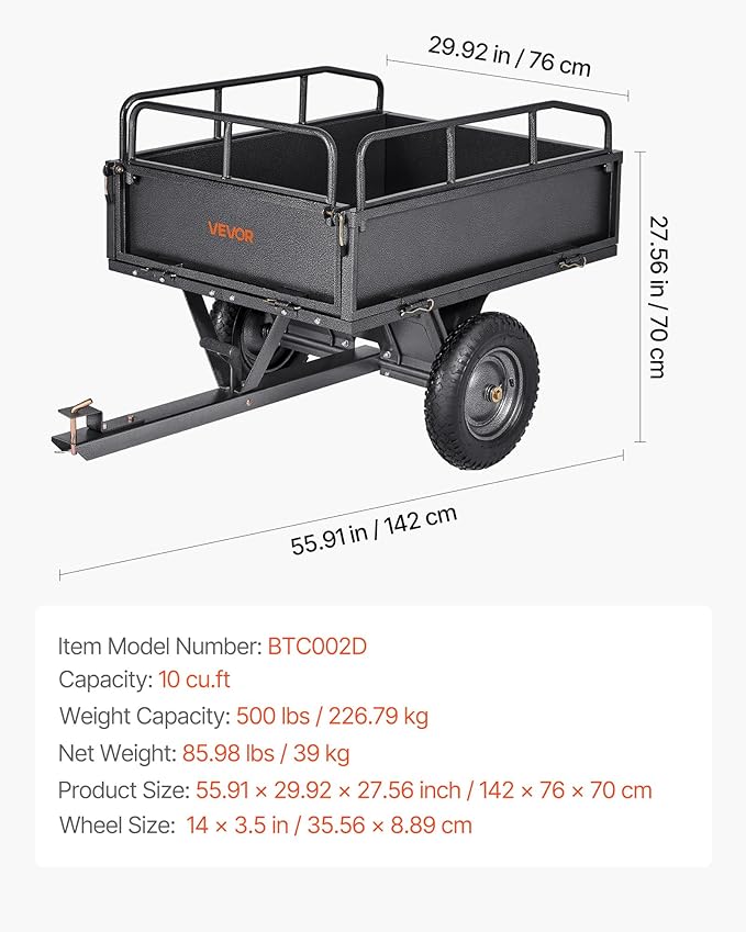 VEVOR 10 Cu.Ft. & 500lbs ATV Trailer Dump Cart Tow Behind, Heavy Duty Utility UTV Trailer, Tow Behind Steel Yard Dump Wagon Cart with 14" Tires for Lawn Mower Tractor