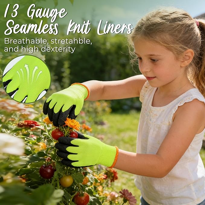 HANDLANDY 2 Pairs Kids Gardening Gripper Gloves, Foam Rubber Coated Children Toddler Garden Yard Work Outdoor Playing Gloves for Girls Boys (Size S)