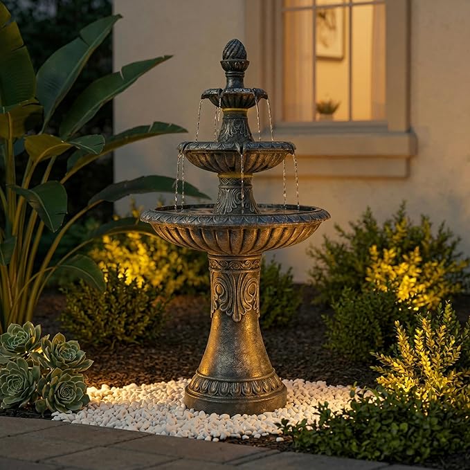 52-Inch Outdoor Water Fountain, 3-Tier Large Italian Faux Stone Resin Waterfall Fountain with 2 LED Lights, Large Bird Bath Basin Water Feature for Garden, Patio, Backyard, Deck, Lawn in Black