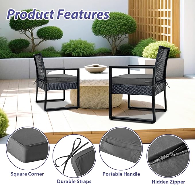IPYNBAP Outdoor Chair Cushions Set of 4,Waterproof Outdoor Seat Cushions for Patio Furniture,Patio Chair Cushion with Handle and Ties, Square Out Door Chair Pads,18.5" x 16" x 3", Darkgrey