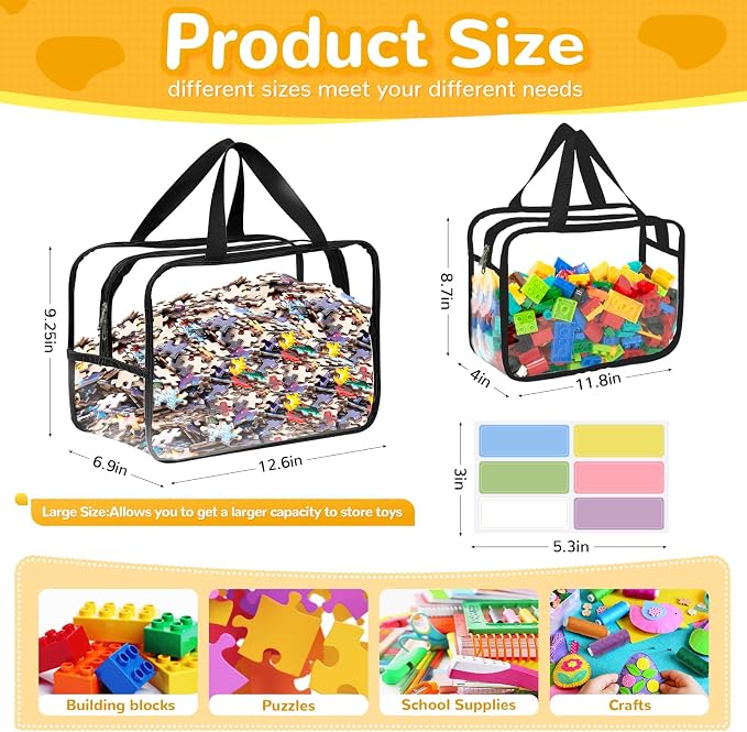 8 Packs Large Toy Storage Bags with Labels, Reusable Clear PVC Board Game Storage, Travel Waterproof Organizer Bags with Zipper for Building Blocks, Puzzle, Kids Books(4 large & 4 Extra Large)