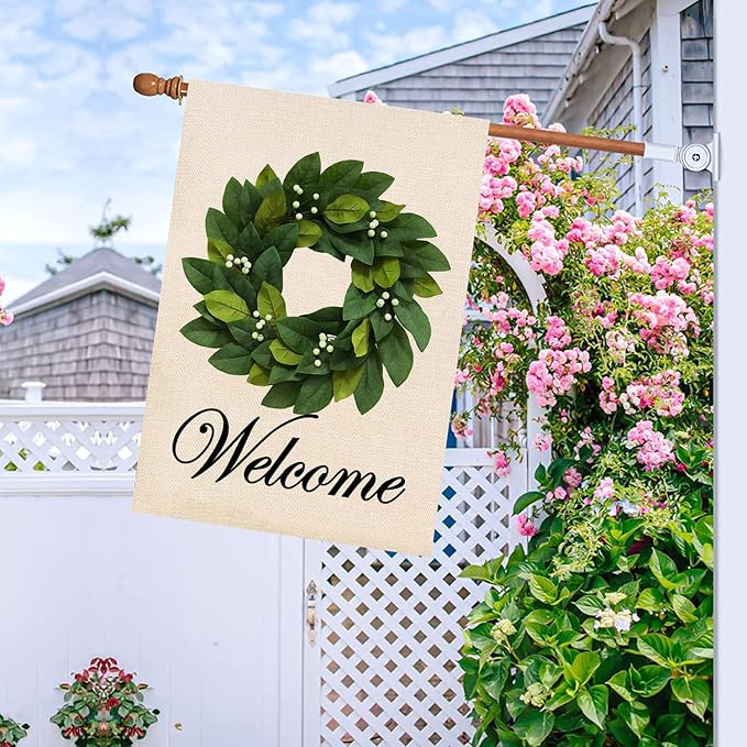 Baccessor Spring House Flag Wreath Garden Flag Magnolia Leaves Welcome Large Yard Flag 28 x 40 Inch Double Sided Burlap Summer Outside Decor