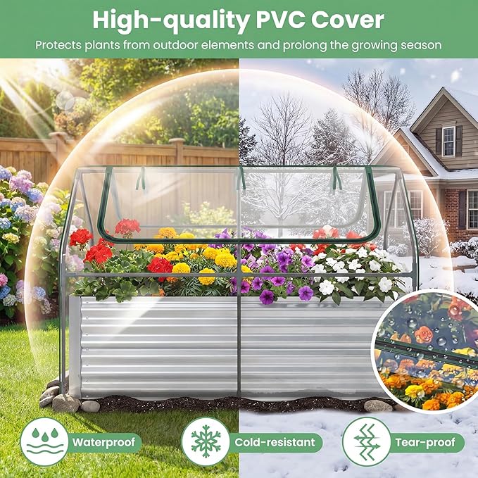 HAPPYGRILL Raised Garden Bed with Cover, Galvanized Planter Boxes Outdoor w/Mini Greenhouse, 2 Roll-up Windows & Open-Ended Base, Metal Growing Raised Bed for Vegetables (Silver, 71” x 36” x 48”)