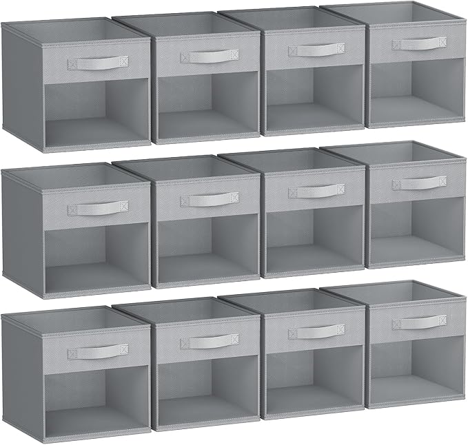 DIMJ Storage Cubes, Cube Oganizer Bin, 12 Pack Foldable Containers with Window, Closet Storage Bins with Handle, 12x 12 inch Storage Boxs for Clothes, Toys, Books (Grey)