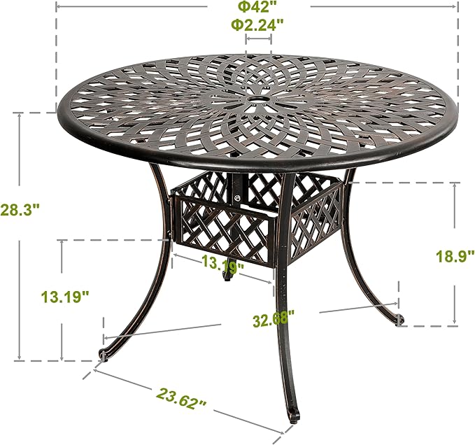 NUU GARDEN 42 Inch Outdoor Round Dining Table Cast Aluminum Tabletop with 2.24 Inch Umbrella Hole Patio Garden Backyard Balcony, Black with Gold-Painted Edges