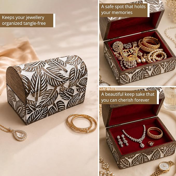 Premium Wooden Semicircular Curved Floral Jewellery Box Designer Trinket Box Ladies Jewellery Storage Case Antique Look Traditionally Handcrafted Home Decor (Leaf)