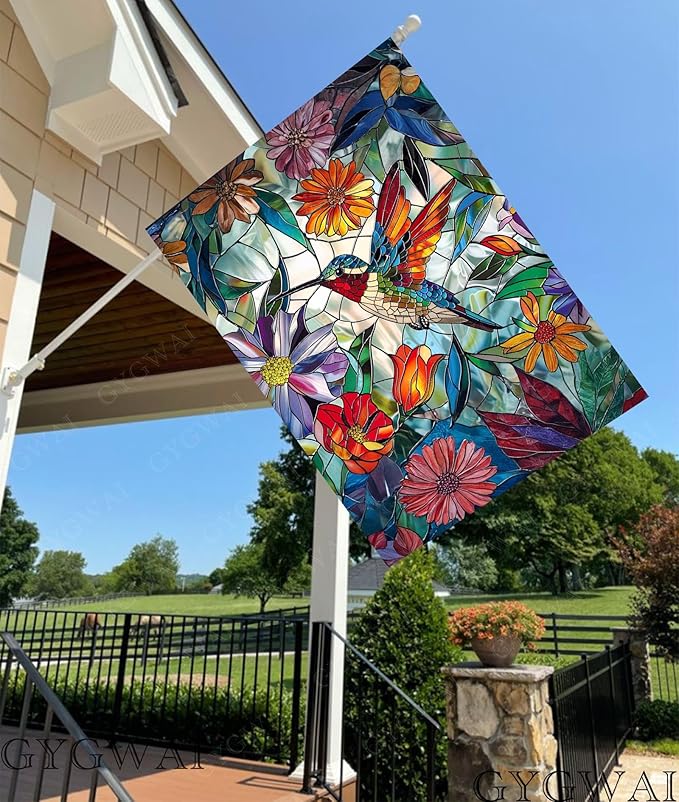 Stained Glass Spring Hummingbird House Flag 28x40 Inch Double Sided for Outside, Colorful Floral Large Burlap Yard Flag for Summer Farmhouse Holiday Outdoor Decorations