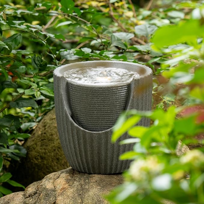 9.84” H Small Outdoor Water Fountain Made with Eco-Friendly Recyclable Materials, Polyethylene Bubbler Water Fountain, Outdoor Tabletop Decor with LED Lights for Patio, Porch, Backyard (9.84")