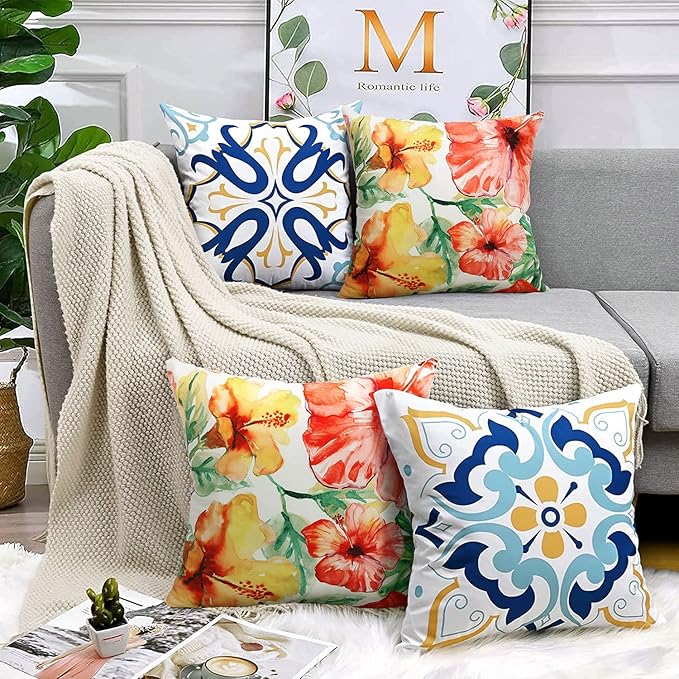 Pyonic Outdoor Pillows Covers Pack of 2 Spring Floral Waterproof Throw Pillow Covers 18X18 inch Outdoor Pillows for Patio Furniture Garden Square Outside Waterproof Pillow