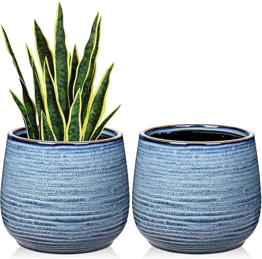 GnFlus Ceramic Plant Pots 6 Inch Set of 2, Flower Plants Pot with Drainage Holes Blue Planter Garden Pot for Succulent Cactus Home Decoration Gift Indoor Outdoor