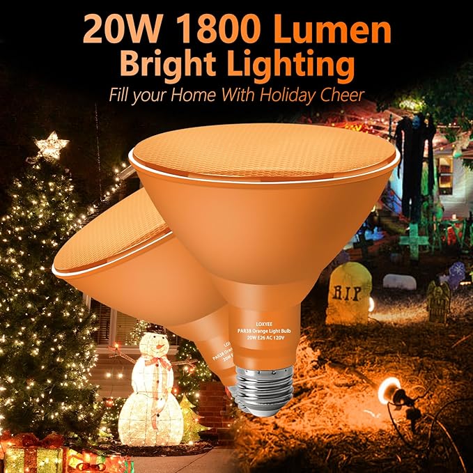 PAR38 Flood Orange Light Bulbs,4 Pack Dimmable,E26 Base Orange Flood Light Outoor(20W Replace to 200W),Halloween Light Bulb for Outside,Christmas,Holiday Lighting