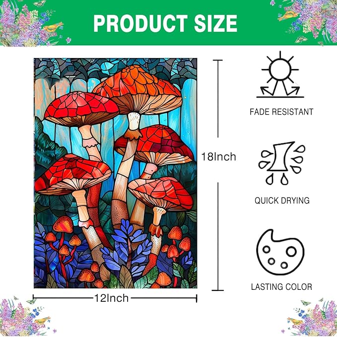 Stained Glass Mushroom Spring Garden Flag 12x18 Inch Double Sided, Small Burlap Yard Flag for Seasonal Farmhouse Outside Outdoor Decor