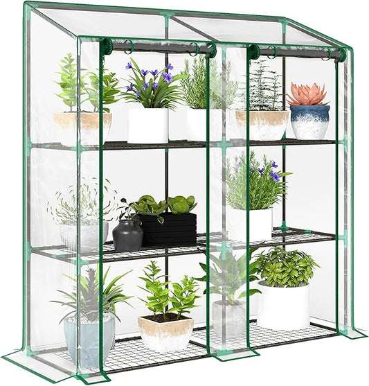 Outsunny Lean-to Mini Greenhouse with 3 Tier Shelves, Portable Green House with 2 Roll-up Doors, Garden Plant Grow Hot House for Indoor Outdoor, 56.3"x18.1"x59.4", Clear