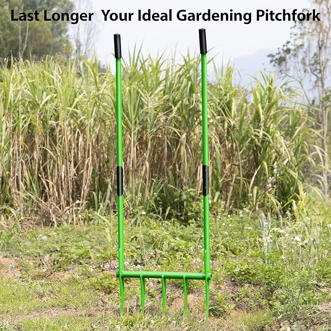 56'' Heavy Duty Broadfork for All the Soils, Unbreakable Pitchfork, 5 Sharp Cambered 11'' Tines Bord Fork Garden Tool, Ergonomic Handles, Good Package, Easy Assembly, Cultivator & Tiller，Green.
