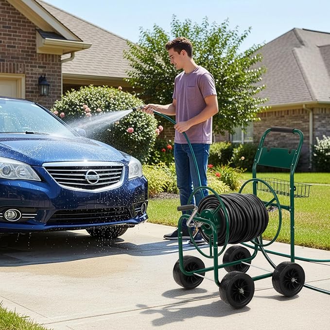 VINGLI 4-Wheel Garden Hose Reel Cart with Storage Basket, Portable Residential Hose Reel Cart, Lawn Watering, for Garden Backyard and Farm (Green)