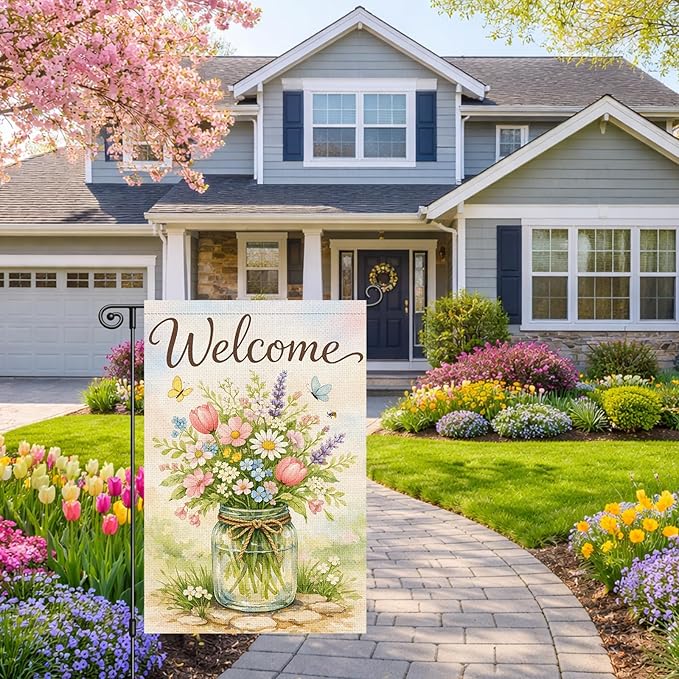 Heyfibro Welcome Spring Garden Flag 12x18 Inch Double Sided Butterfly Floral Garden Flag Small Farmhouse Flags for Outside House Yard Seasonal Spring Outdoor Decorations