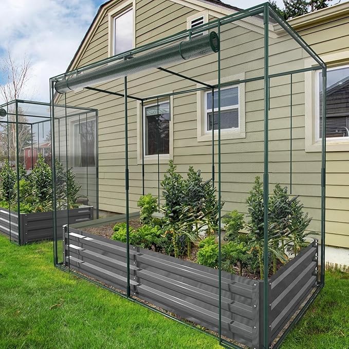 DoCred Crop Cage with Raised Garden Bed, 72.8" x 37.4" x 59" Plant Protection Tent Garden Cages with Window, 2 in 1 Galvanized Raised Garden Bed Kit and Mesh Cover for Garden, Yard, Lawn