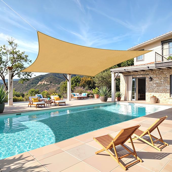 TasticTotes Rectangle Sun Shade Sail - 8' x 10', 95% UV Blockage, HDPE Sunshades for Outdoor Patio, Yard, Deck, Garden, Lawn, Permeable Awnings for Patio Shade with Reinforced Corners & Ropes (Sand)