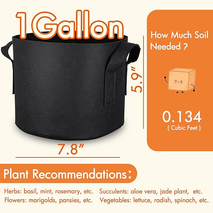 Gardzen 6-Pack 1 Gallon Grow Bags, 300G Thickened Nonwoven Fabric Pots with Handles, Heavy Duty Aeration Plant Bags for Gardening and Container Growing