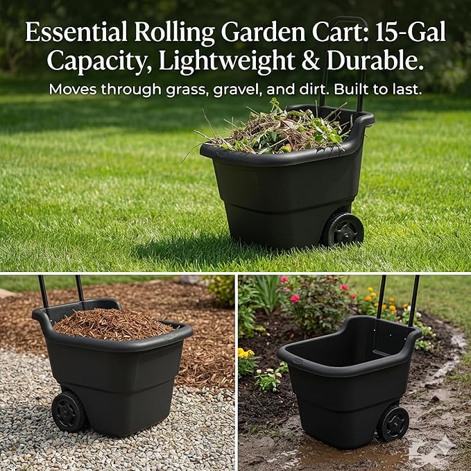 15-Gallon Rolling Garden Cart & Utility Wagon – Lightweight Resin Yard Waste Bin with Telescoping Handle & 7-Inch Wheels – Portable Outdoor Organizer for Lawn, Mulch, Firewood (Black)