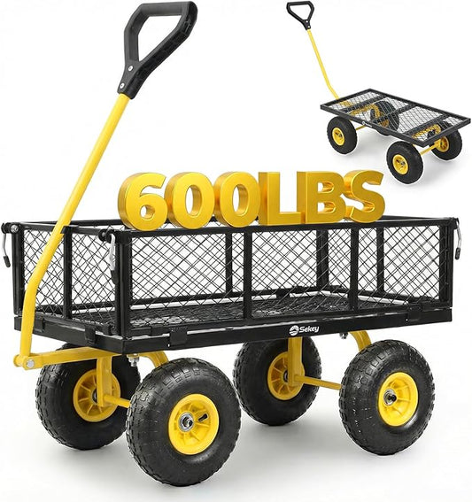 Sekey 600lbs Steel Mesh Garden Cart for Patio & Backyard, Utility Wagon with Removable Sides (Convertible Flatbed), 10" Rubber Tires, Black