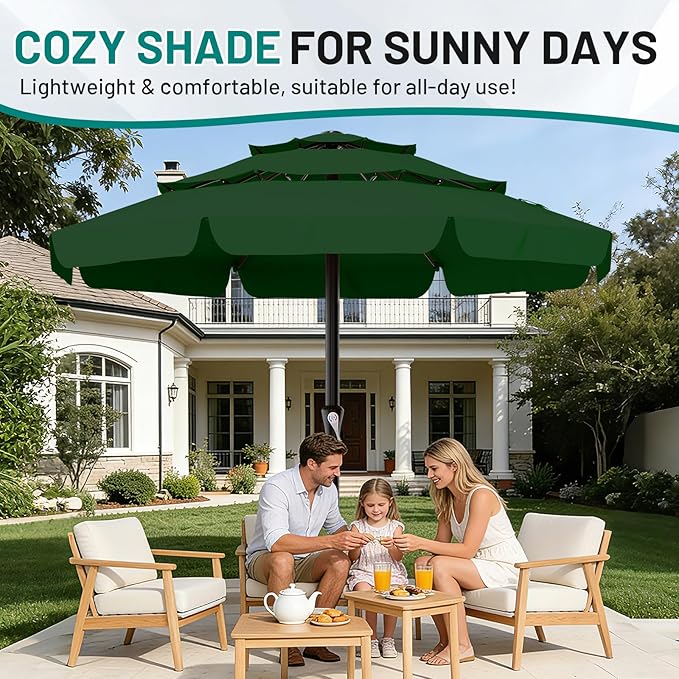 AreShark 11FT 3-Tiers Patio Umbrella with Valance, Outdoor with Crank, Large Outdoor Market Umbrellas Vented with 8 Sturdy Ribs, Patio Table Umbrellas for Garden, Deck, Backyard, Pool, Dark Green