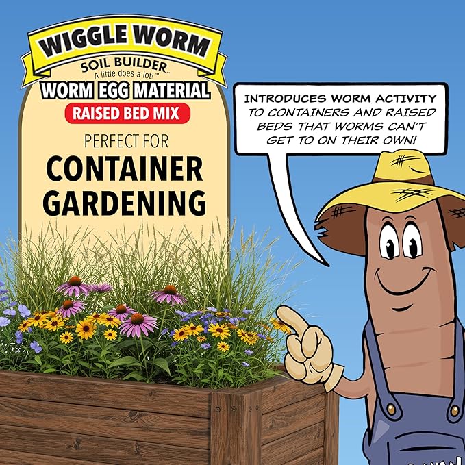 Wiggle Worm Raised Bed Mix, 40lbs - Organic Soil and Fertilizer for Container Gardening - Worm Egg Material Mixed with Odor Free Pure Worm Castings