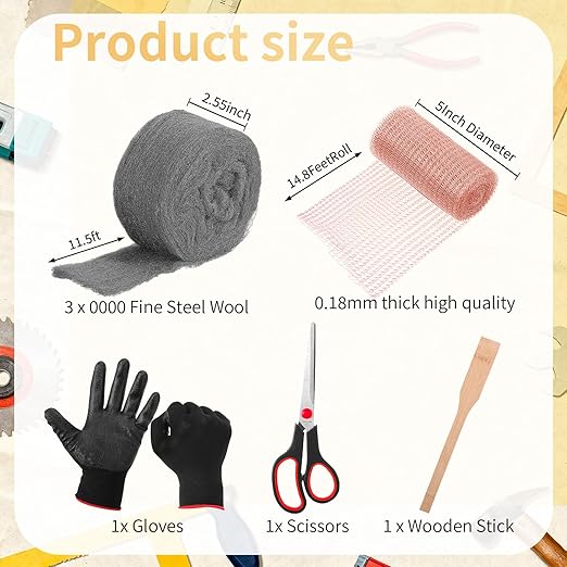 Copper Mesh Rodent Control Kit 1 Pack Rustproof Mesh Roll and 0000 Steel Wool Mouse Hole Filler with Gloves, Scissors for House Garden Home Garage(5in X 14.8ft)