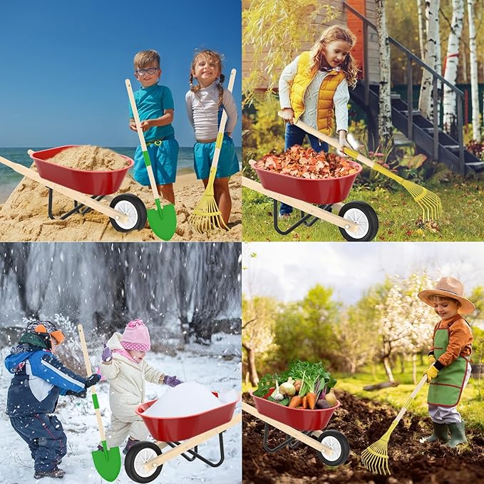 Qtioucp Kids Gardening Wheelbarrow Set, Metal & Wooden Garden Tools for Kids Ages 3-8, Real Wheelbarrows with Apron, Gloves & STEM Guide, Outdoor Backyard Garden Toy Gift (Wheelbarrow Garden Set)