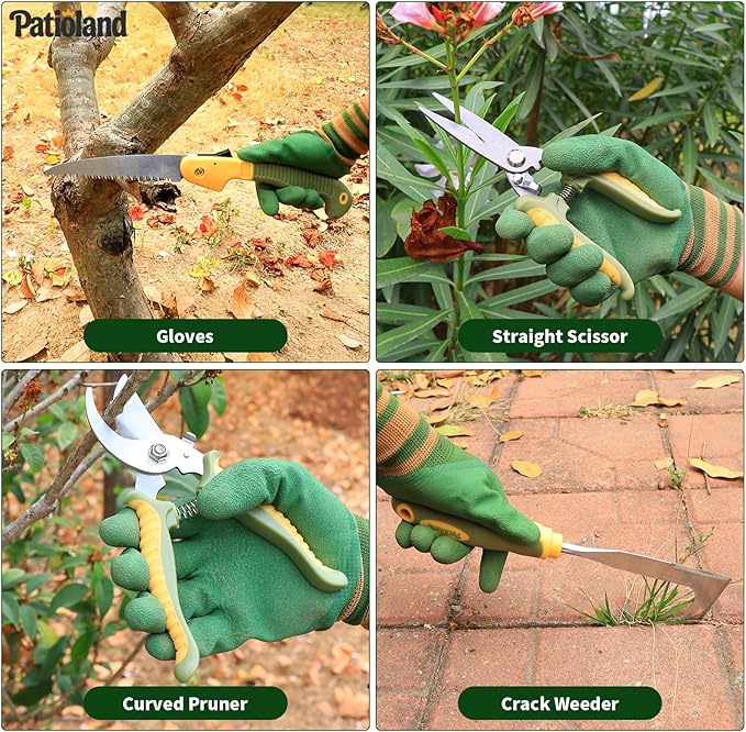 10-Piece Garden Tool Set, Green Gardening Hand Tools Kit with Ergonomic Non-Slip Handles, Heavy Duty Rust-Proof Aluminum Tools, Organizer Tote Bag & Gloves, Ideal Garden Gifts for Women and Men