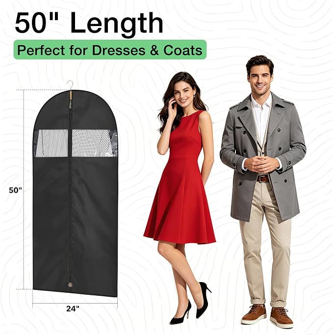 5 Pack - Moucas 50" Black Garment Bag, Mens Suit Bags for Closet Storage and Travel, Garment Bags for Hanging Clothes, Suit Cover Bags with Zipper for Coats, Dresses, Shirts