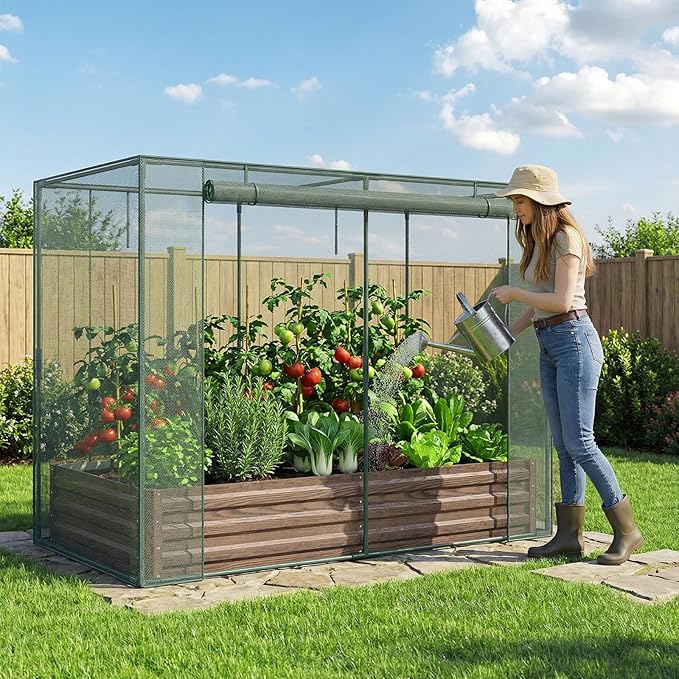 DoCred Crop Cage with Raised Garden Bed, 72.8" x 37.4" x 59" Plant Protection Tent Garden Cages with Window, 2 in 1 Galvanized Raised Garden Bed Kit and Mesh Cover for Garden, Yard, Lawn
