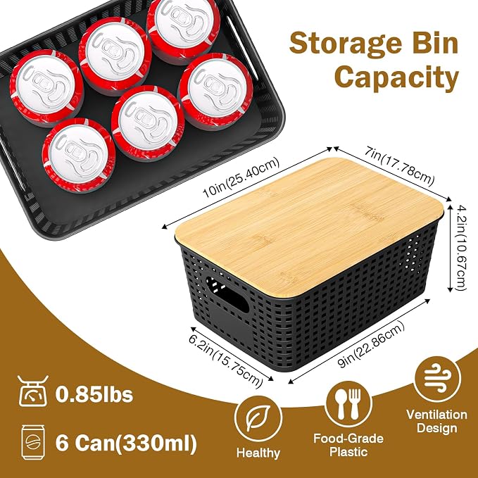 Stackable Storage Baskets: 8 Pack Plastic Baskets Bins, Black | Decorative Baskets for Organizing, Pantry Decorative Containers for Closets, Cabinets, Shelves