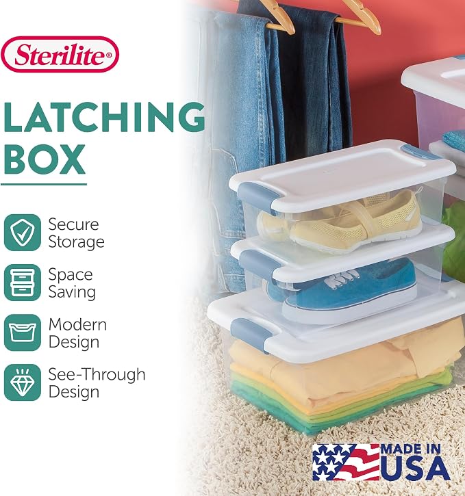 Sterilite 24-Pack Latching Box, Under Bed Storage Bins with Lids, Clear Plastic, 6 Quart - Heavy-Duty Organizing Containers for Closet, Bathroom, and Office | Heavy-Duty and Stackable Plastic Containers with Latches for Closet, Cabinet, Bedroom, Bathro...